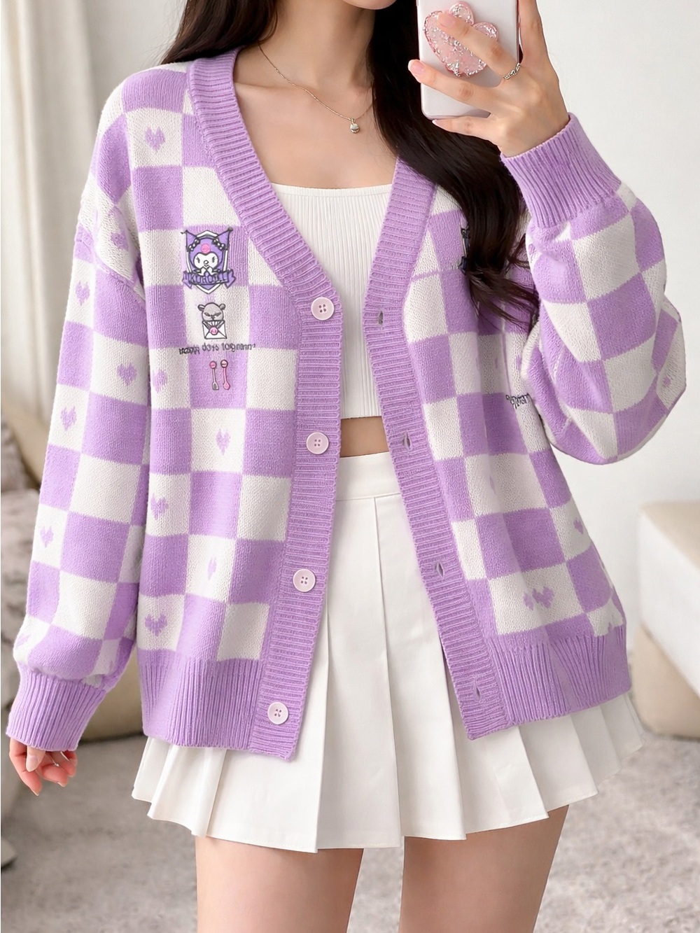 Lilac Checkered V-Neck Cardigan Sweater